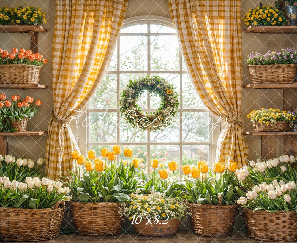 Kate Printemps Fleurs Tulipes Fenêtre Jaune Toile de fond conçue par Emetselch - Kate Backdrop FR