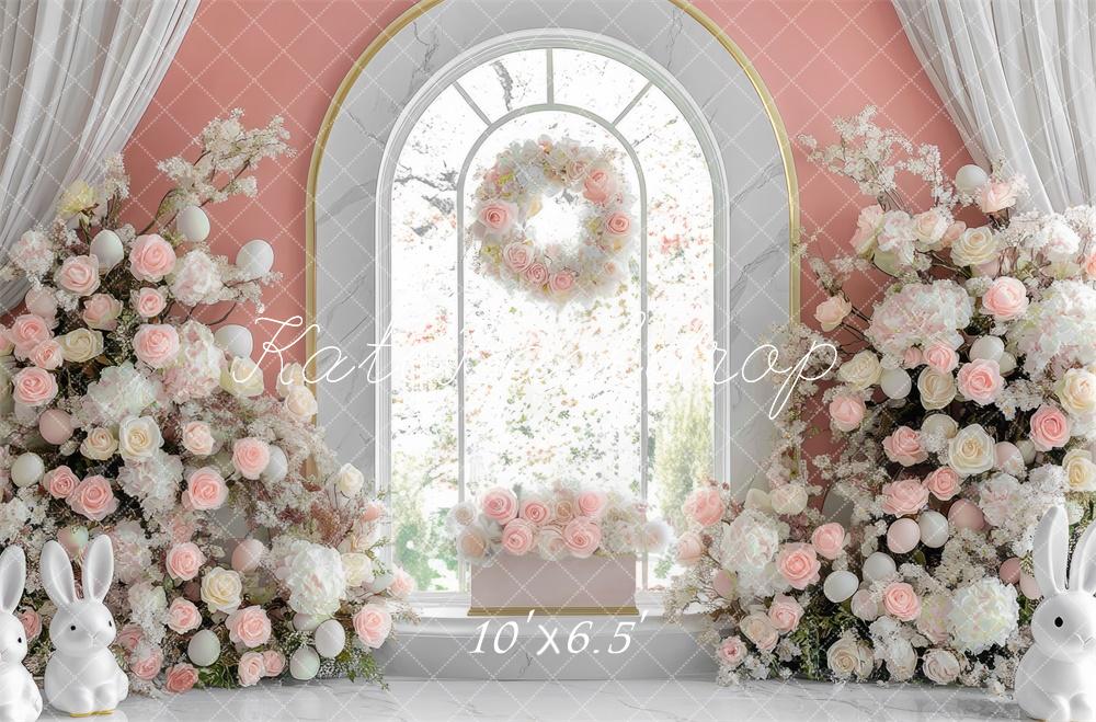 Kate Pâques Lapin Fleurs Fenêtre Rose Toile de fond conçue par Mini MakeBelieve - Kate Backdrop FR