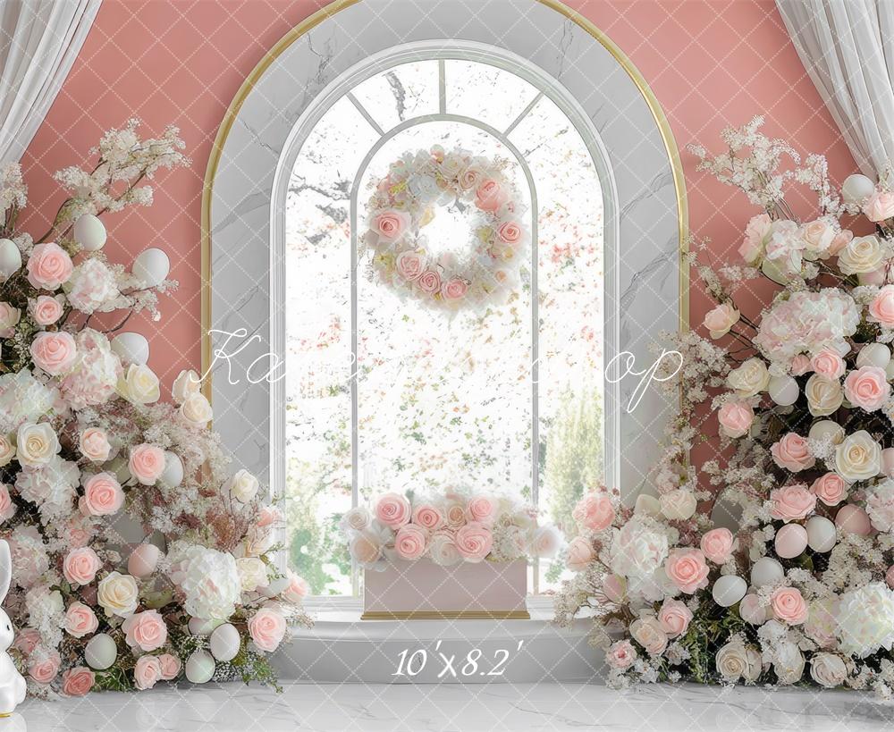 Kate Pâques Lapin Fleurs Fenêtre Rose Toile de fond conçue par Mini MakeBelieve - Kate Backdrop FR