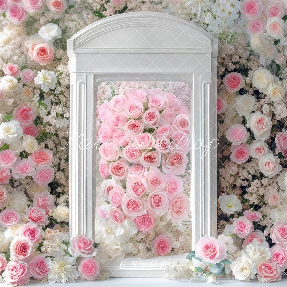Kate Printemps Fleur Porte Roses Blanc Toile de fond conçue par Mini MakeBelieve - Kate Backdrop FR
