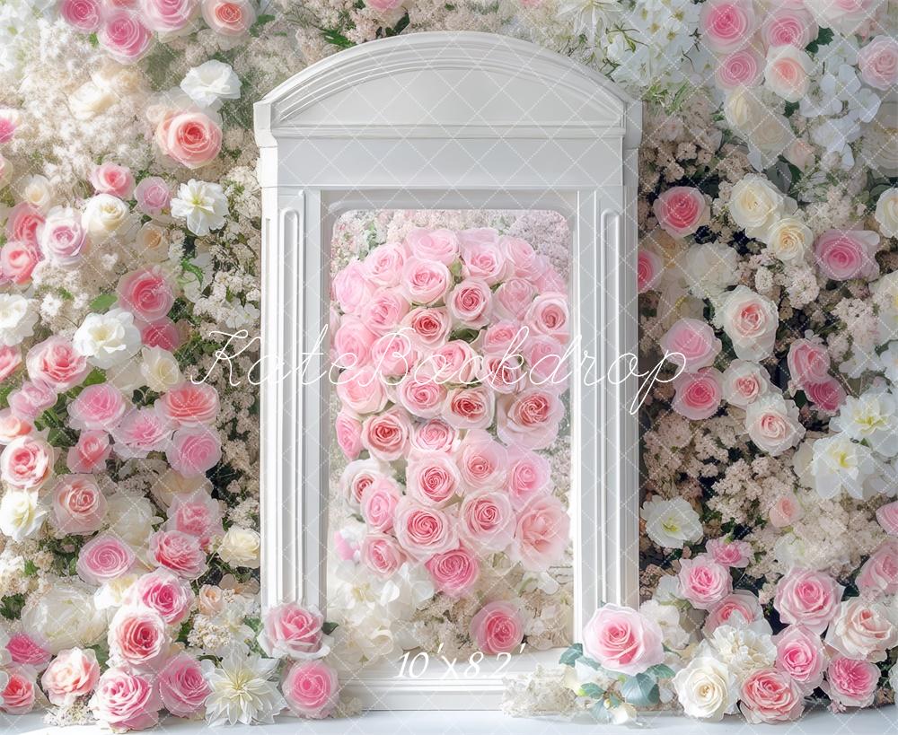 Kate Printemps Fleur Porte Roses Blanc Toile de fond conçue par Mini MakeBelieve - Kate Backdrop FR