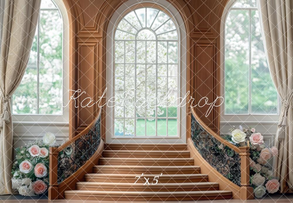 Kate Rétro Fenêtre Escalier Fleurs Printemps Toile de fond conçue par Mini MakeBelieve - Kate Backdrop FR