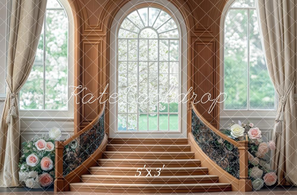 Kate Rétro Fenêtre Escalier Fleurs Printemps Toile de fond conçue par Mini MakeBelieve - Kate Backdrop FR
