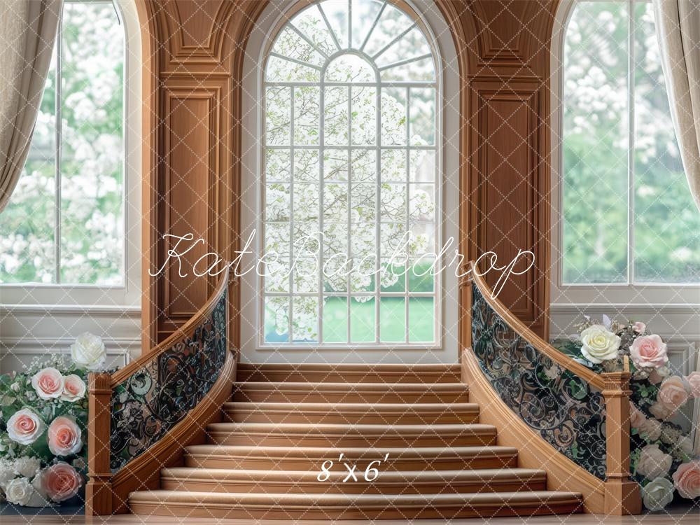 Kate Rétro Fenêtre Escalier Fleurs Printemps Toile de fond conçue par Mini MakeBelieve - Kate Backdrop FR
