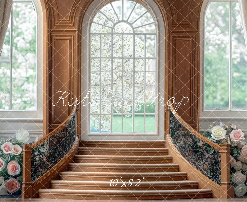 Kate Rétro Fenêtre Escalier Fleurs Printemps Toile de fond conçue par Mini MakeBelieve - Kate Backdrop FR
