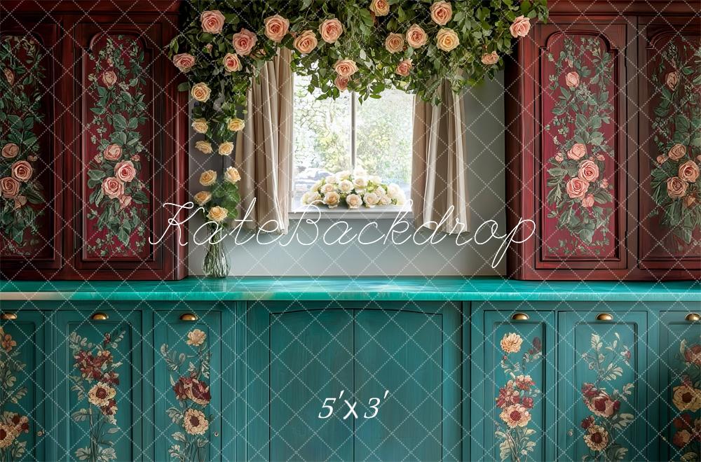 Kate Cuisine Floral Vintage Vert Marron Toile de fond conçue par Mini MakeBelieve - Kate Backdrop FR
