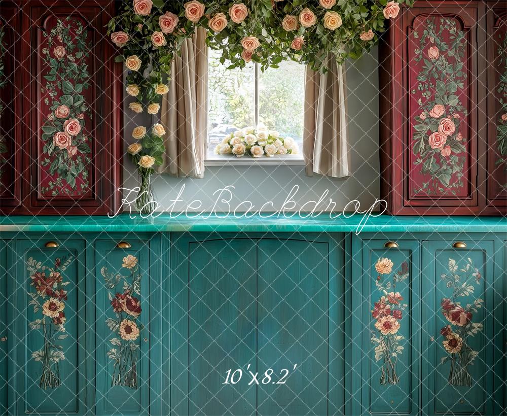 Kate Cuisine Floral Vintage Vert Marron Toile de fond conçue par Mini MakeBelieve - Kate Backdrop FR