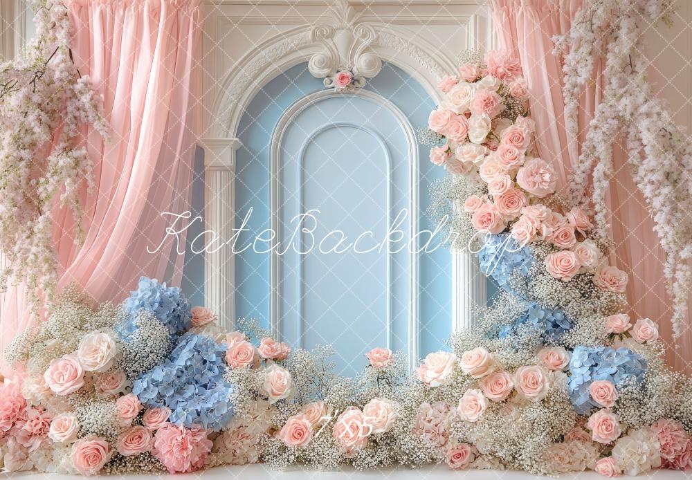 Kate Fleurs Mur Rétro Rideau Rose Bleu Toile de fond conçue par Mini MakeBelieve - Kate Backdrop FR