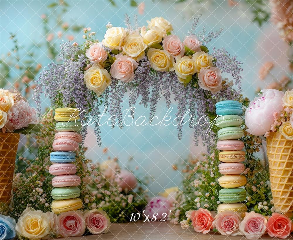 Kate Printemps Macarons Crème glacée Fleurs Toile de fond conçue par Mini MakeBelieve - Kate Backdrop FR