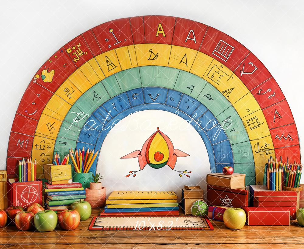 Kate Retour à l'école Arc-en-ciel Crayons Pommes Toile de fond conçue par Emetselch - Kate Backdrop FR