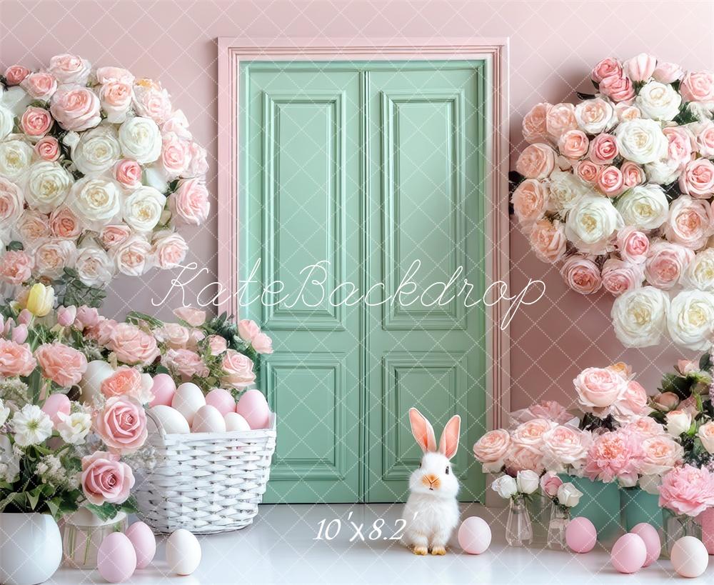 Kate Pâques Fleurs Pastel Porte Vert Menthe Toile de fond conçue par Mini MakeBelieve - Kate Backdrop FR