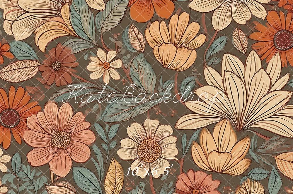 Kate Fleurs Rétro Corail Sarcelle Ivoire Toile de fond conçue par Mandy Ringe - Kate Backdrop FR