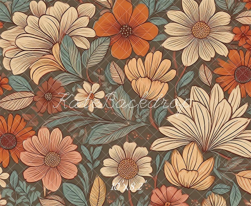 Kate Fleurs Rétro Corail Sarcelle Ivoire Toile de fond conçue par Mandy Ringe - Kate Backdrop FR
