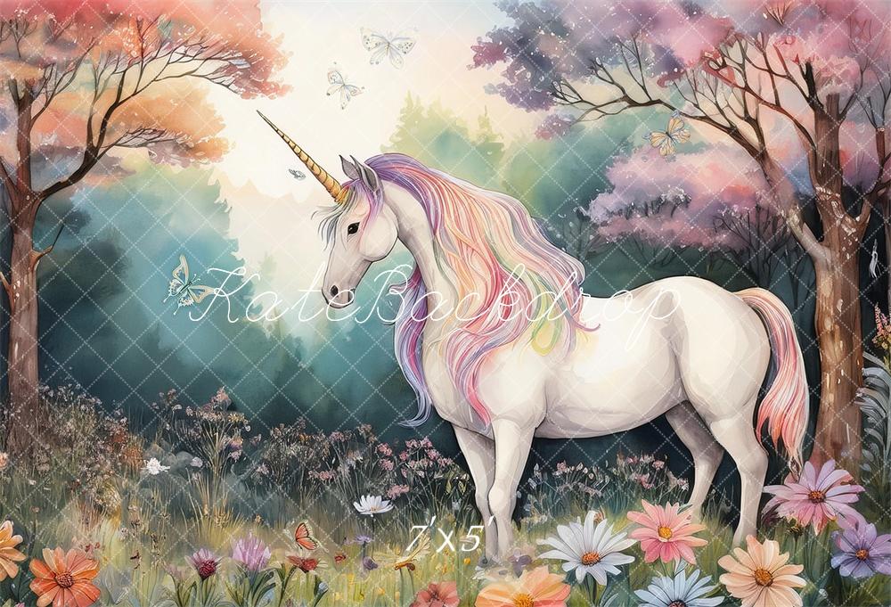 Kate Licorne Forêt Pastel Floral Enfant Toile de fond conçue par Mandy Ringe - Kate Backdrop FR