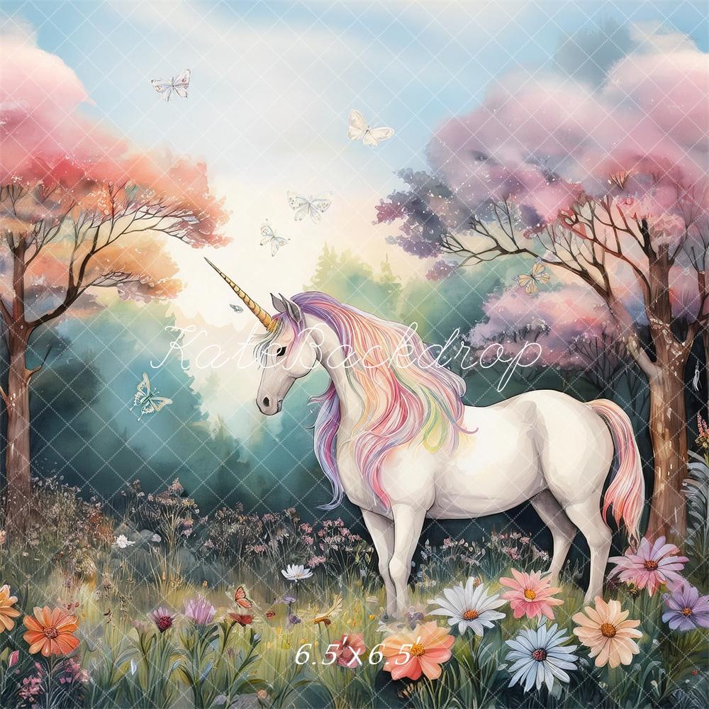 Kate Licorne Forêt Pastel Floral Enfant Toile de fond conçue par Mandy Ringe - Kate Backdrop FR