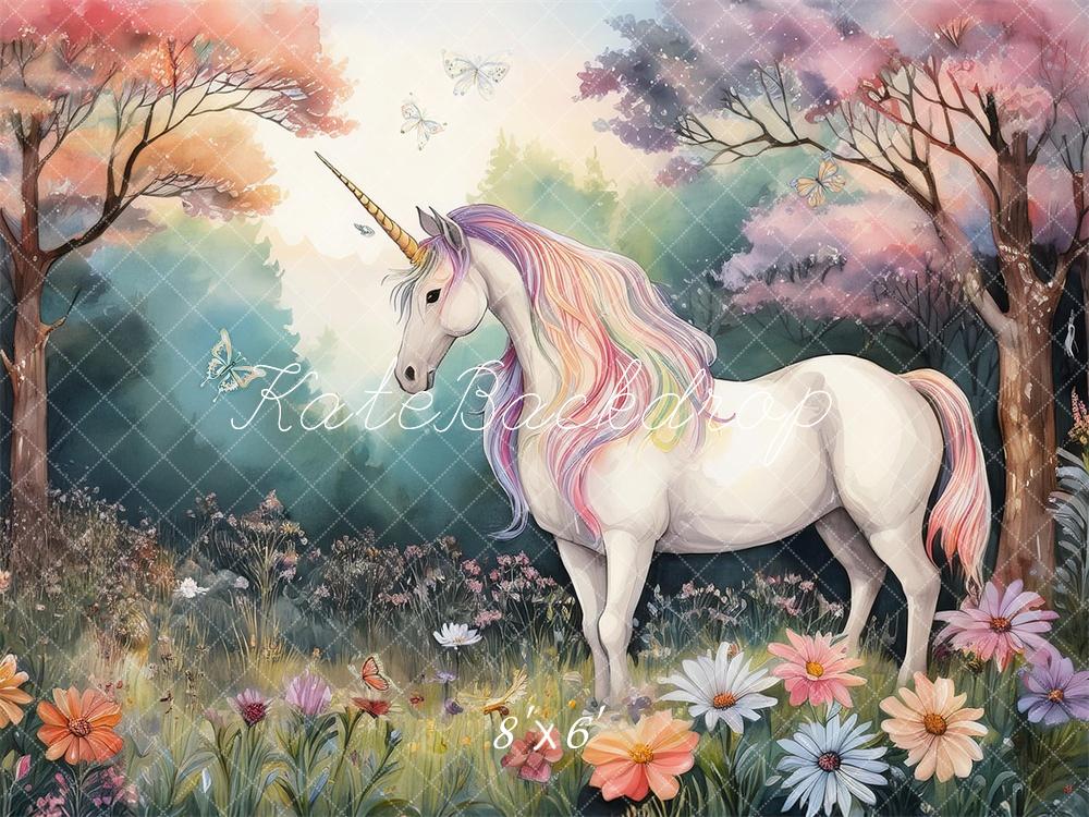 Kate Licorne Forêt Pastel Floral Enfant Toile de fond conçue par Mandy Ringe - Kate Backdrop FR