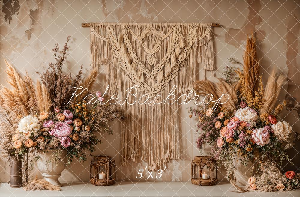Kate Bohème Floral Macramé Herbe des Pampas Toile de fond conçue par Emetselch - Kate Backdrop FR