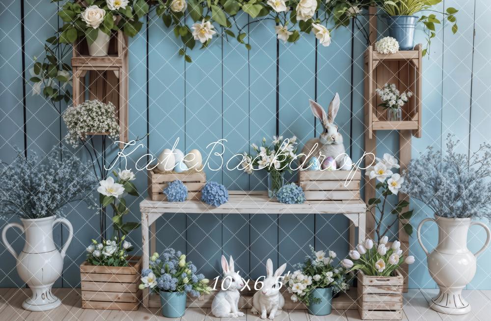 Kate Pâques Lapin Fleur Bleu Mur en bois Toile de fond conçue par Emetselch - Kate Backdrop FR