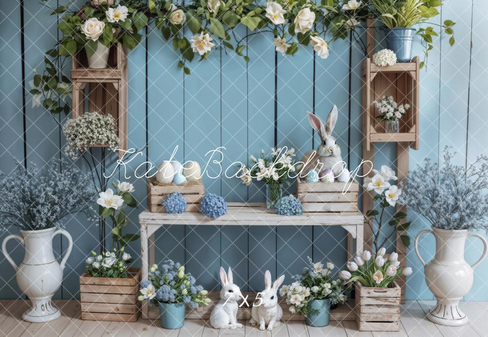 Kate Pâques Lapin Fleur Bleu Mur en bois Toile de fond conçue par Emetselch - Kate Backdrop FR