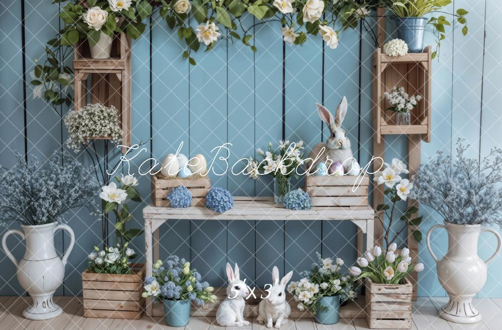 Kate Pâques Lapin Fleur Bleu Mur en bois Toile de fond conçue par Emetselch - Kate Backdrop FR