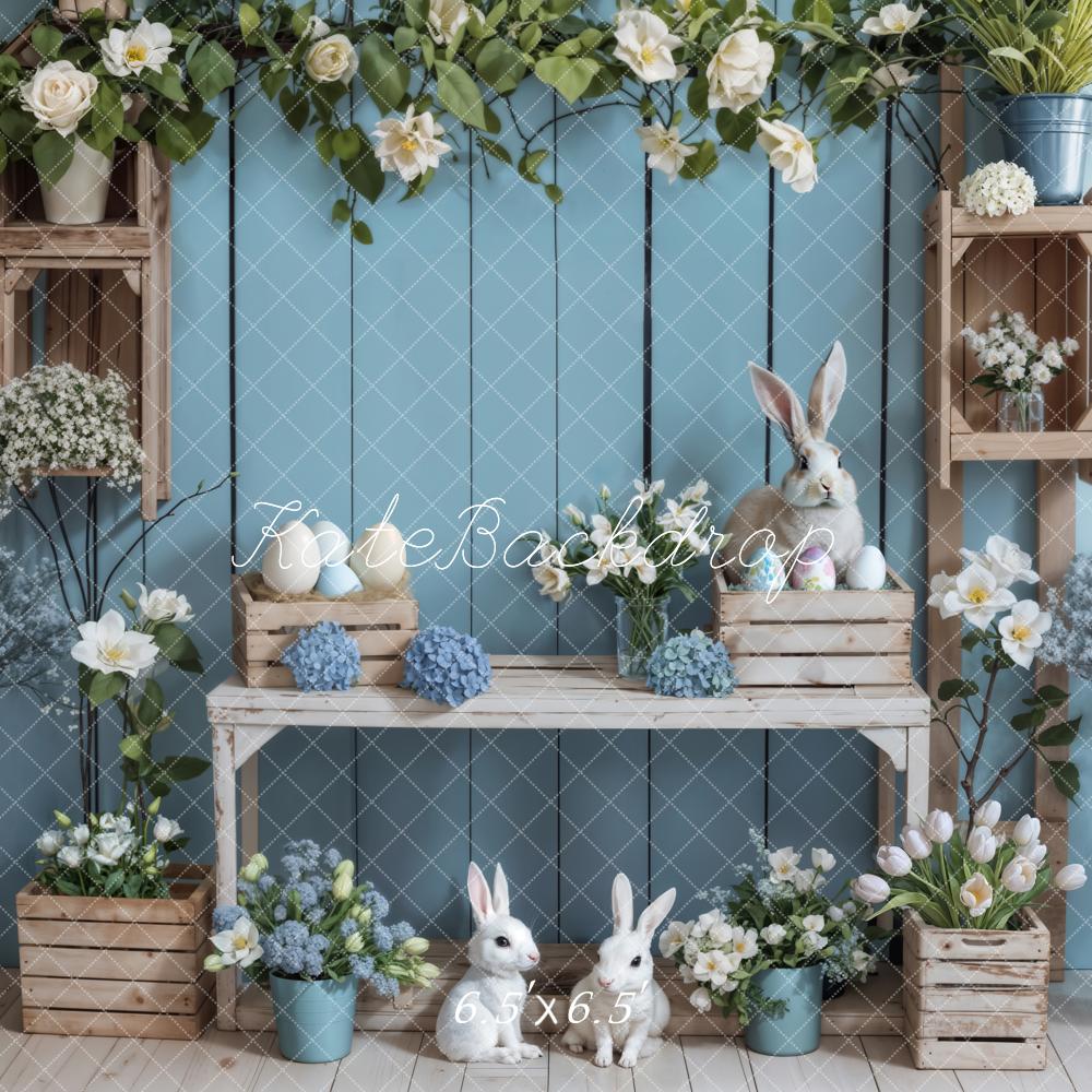Kate Pâques Lapin Fleur Bleu Mur en bois Toile de fond conçue par Emetselch - Kate Backdrop FR