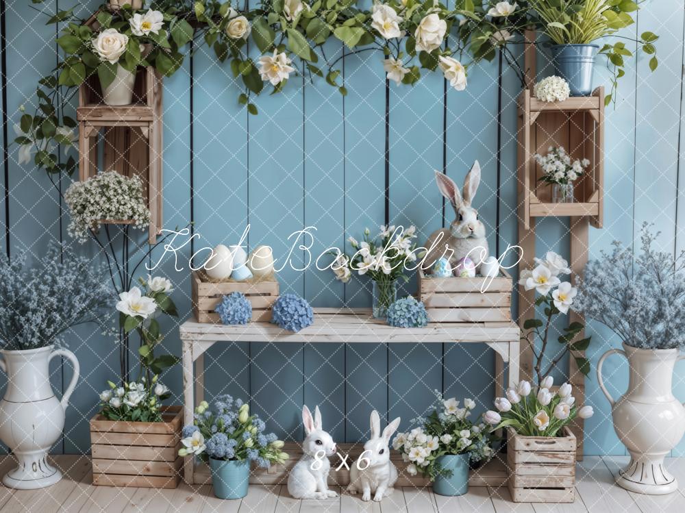 Kate Pâques Lapin Fleur Bleu Mur en bois Toile de fond conçue par Emetselch - Kate Backdrop FR