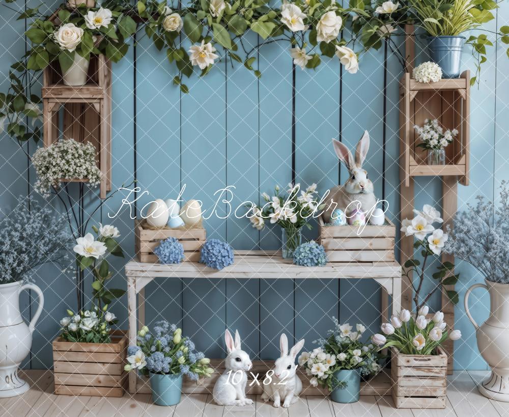 Kate Pâques Lapin Fleur Bleu Mur en bois Toile de fond conçue par Emetselch - Kate Backdrop FR