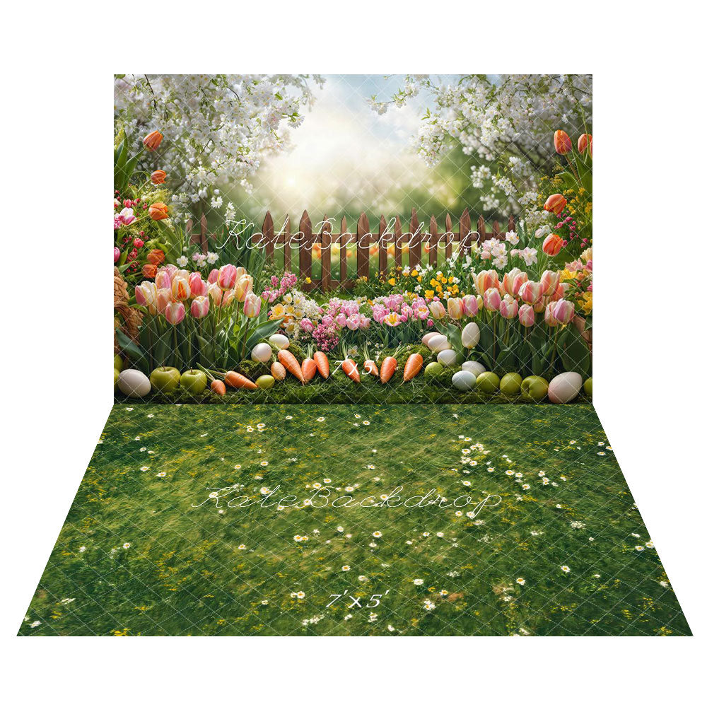 Kate Pâques Jardin Fleurs Carottes Clôture Toile de fond+Printemps Herbe Fleurs Sol Toile de fond - Kate Backdrop FR
