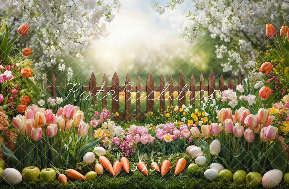 Kate Pâques Jardin Fleurs Carottes Clôture Toile de fond conçue par Emetselch - Kate Backdrop FR