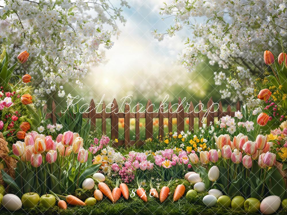 Kate Pâques Jardin Fleurs Carottes Clôture Toile de fond conçue par Emetselch - Kate Backdrop FR