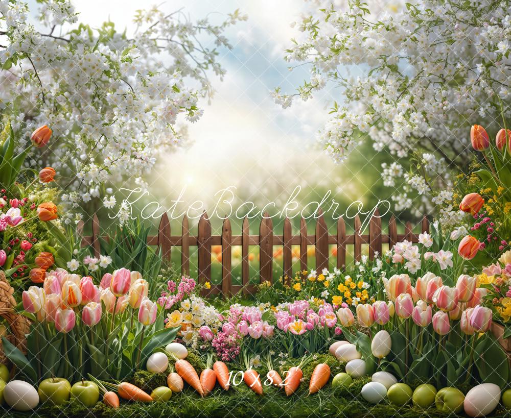 Kate Pâques Jardin Fleurs Carottes Clôture Toile de fond conçue par Emetselch - Kate Backdrop FR