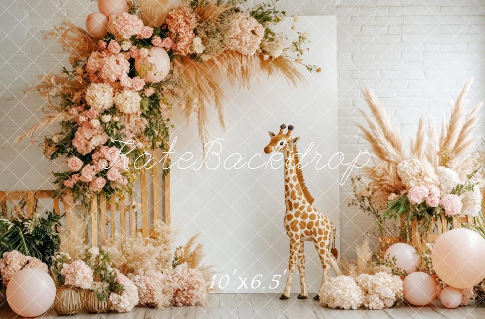 Kate Anniversaire Fleur Ballon Girafe Toile de fond conçue par Patty Roberts - Kate Backdrop FR