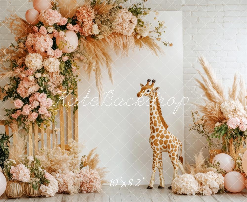 Kate Anniversaire Fleur Ballon Girafe Toile de fond conçue par Patty Roberts - Kate Backdrop FR