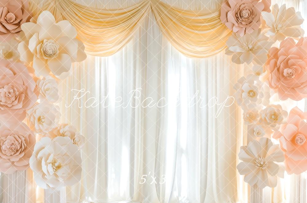 Kate Rideaux Fleurs Blanc & Rose Portrait Toile de fond conçue par Patty Roberts - Kate Backdrop FR