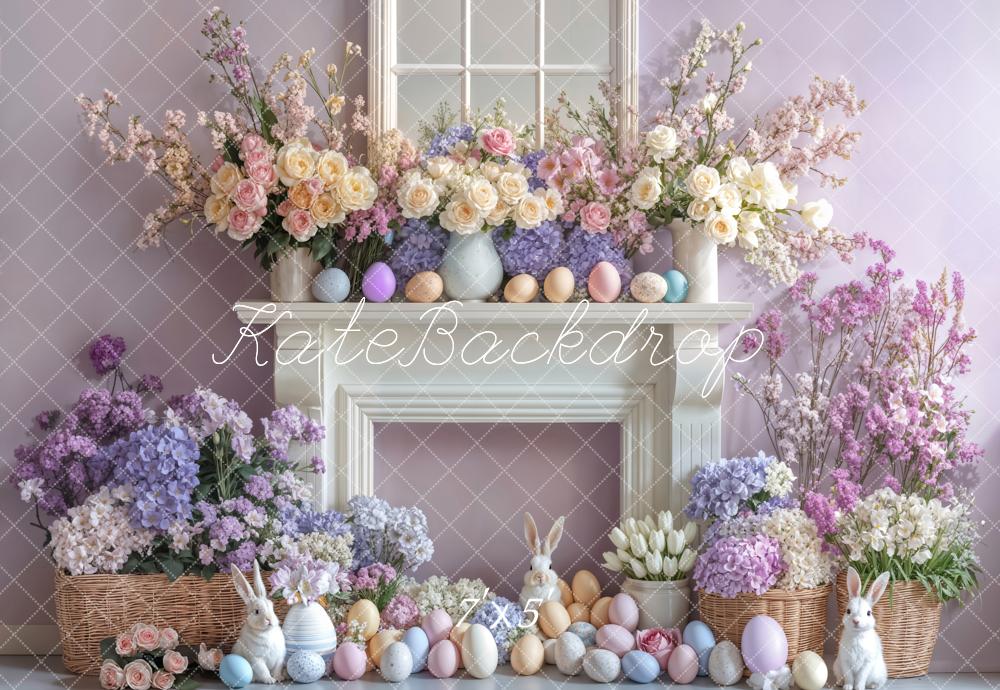Kate Pâques Lapin Œufs Fleurs Cheminée Violet Toile de fond conçue par Emetselch - Kate Backdrop FR