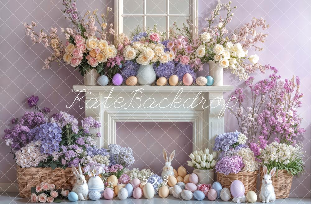 Kate Pâques Lapin Œufs Fleurs Cheminée Violet Toile de fond conçue par Emetselch - Kate Backdrop FR