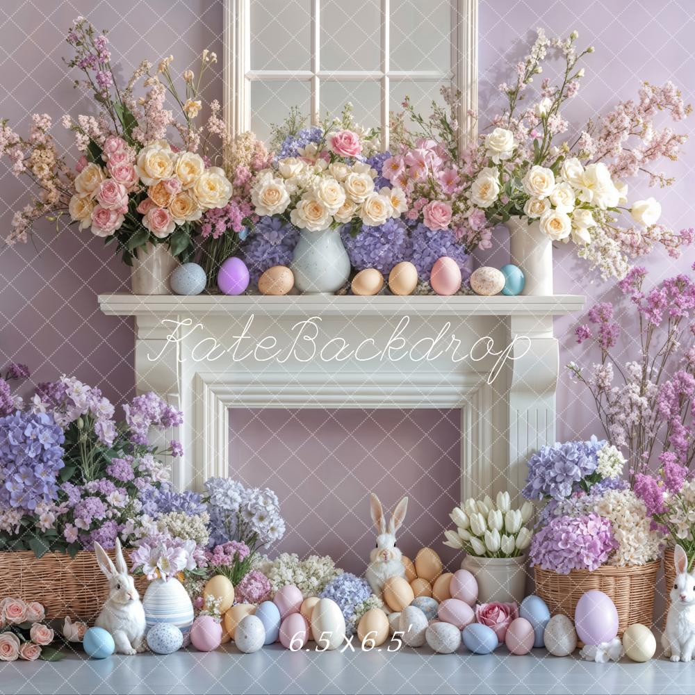 Kate Pâques Lapin Œufs Fleurs Cheminée Violet Toile de fond conçue par Emetselch - Kate Backdrop FR