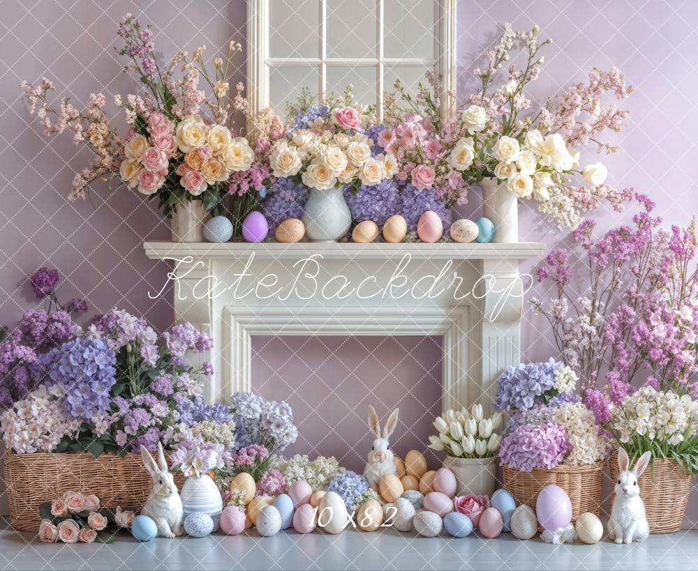 Kate Pâques Lapin Œufs Fleurs Cheminée Violet Toile de fond conçue par Emetselch - Kate Backdrop FR