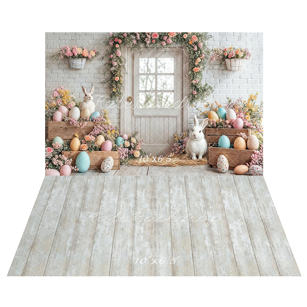 Kate Pâques Lapin Œufs Fleurs Porte Blanc Toile de fond+Vintage Bois Blanc Sol Toile de fond - Kate Backdrop FR