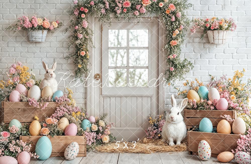 Kate Pâques Lapin Œufs Fleurs Porte Blanc Toile de fond conçue par Emetselch - Kate Backdrop FR
