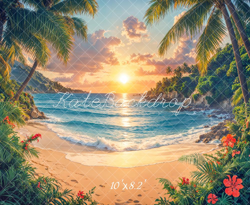 Kate Plage Coucher de soleil Fleurs Tropical Toile de fond conçue par Emetselch - Kate Backdrop FR