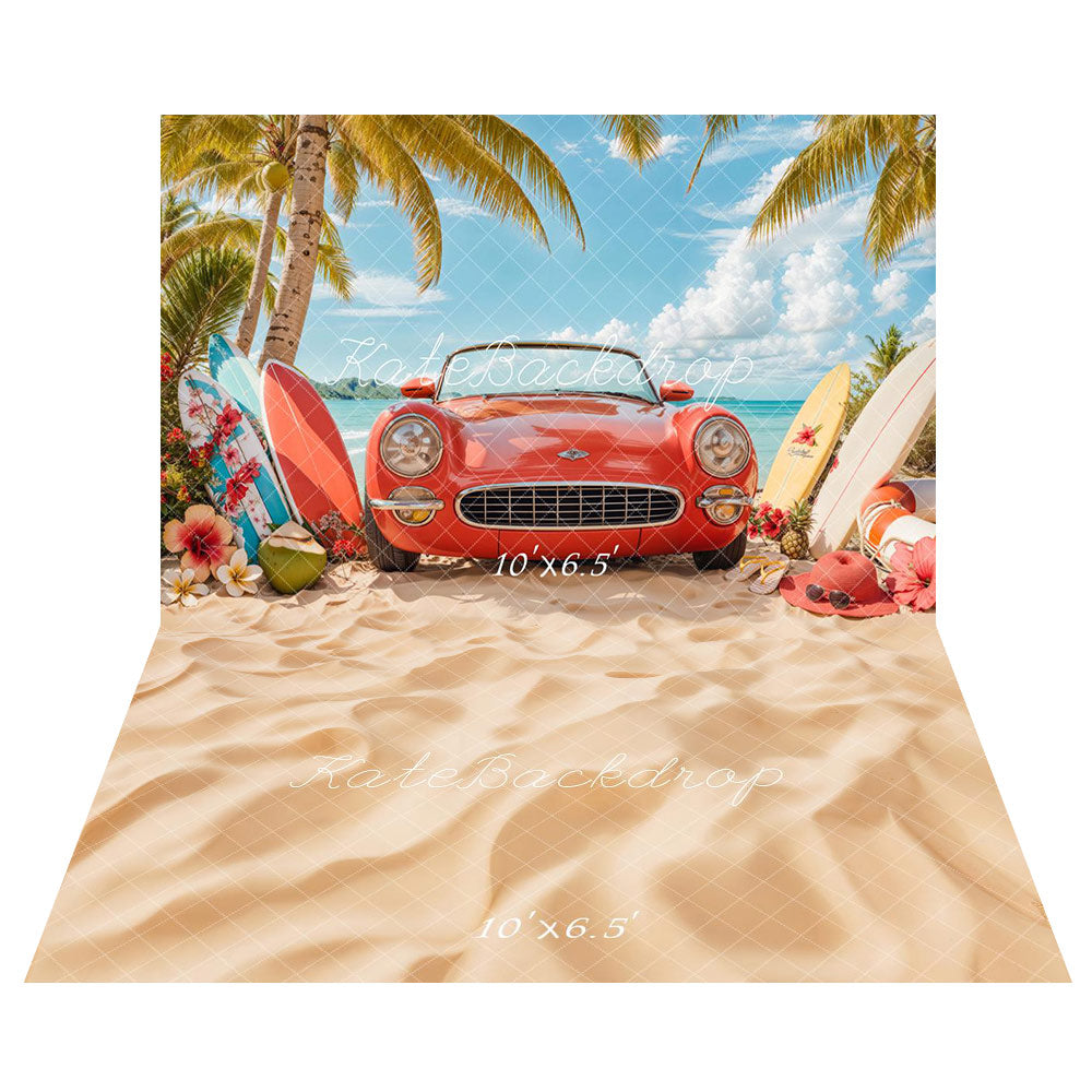 Kate Été Plage Voiture Rouge Surf Toile de fond+Plage Sable Sol Toile de fond - Kate Backdrop FR