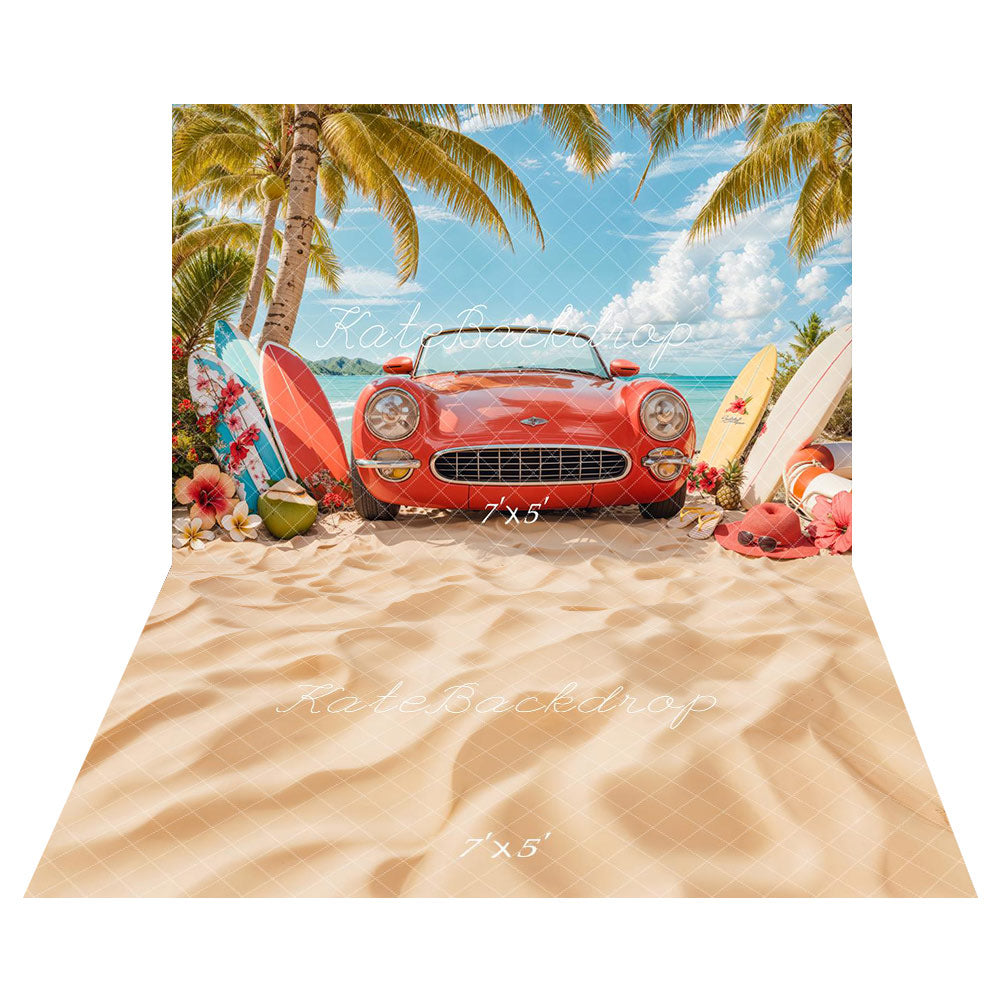 Kate Été Plage Voiture Rouge Surf Toile de fond+Plage Sable Sol Toile de fond - Kate Backdrop FR