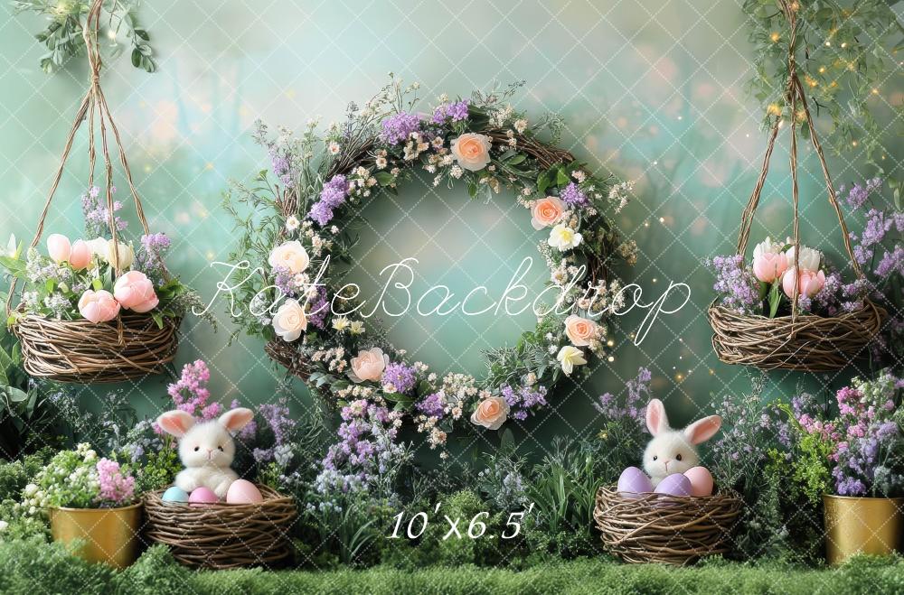 Kate Pâques Lapin Fleurs Mousse Vert Toile de fond conçue par Mini MakeBelieve - Kate Backdrop FR