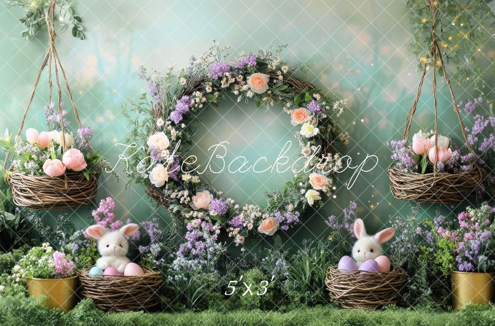 Kate Pâques Lapin Fleurs Mousse Vert Toile de fond conçue par Mini MakeBelieve - Kate Backdrop FR