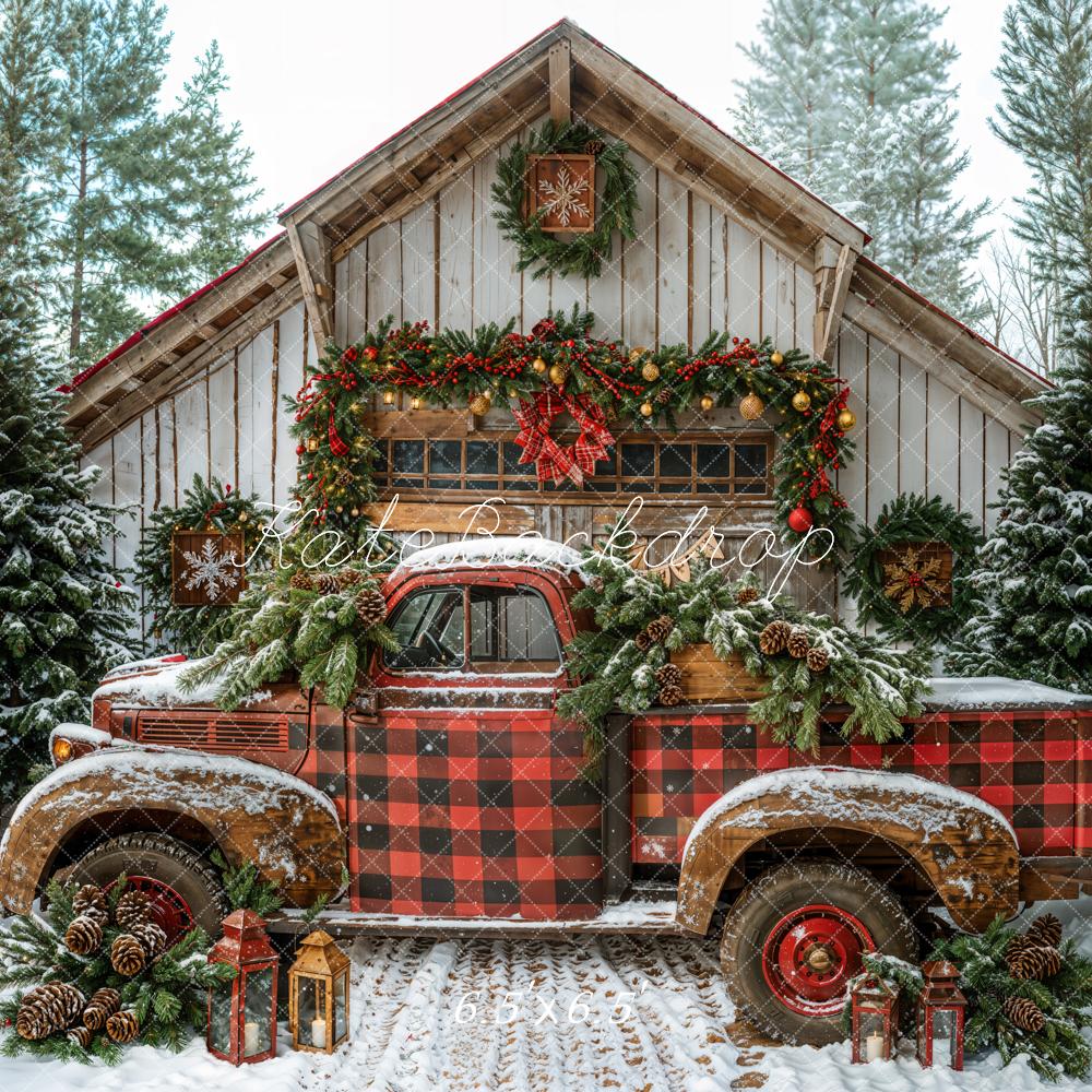 Kate Noël Camion Rouge Cabane Neige Toile de fond conçue par Emetselch - Kate Backdrop FR