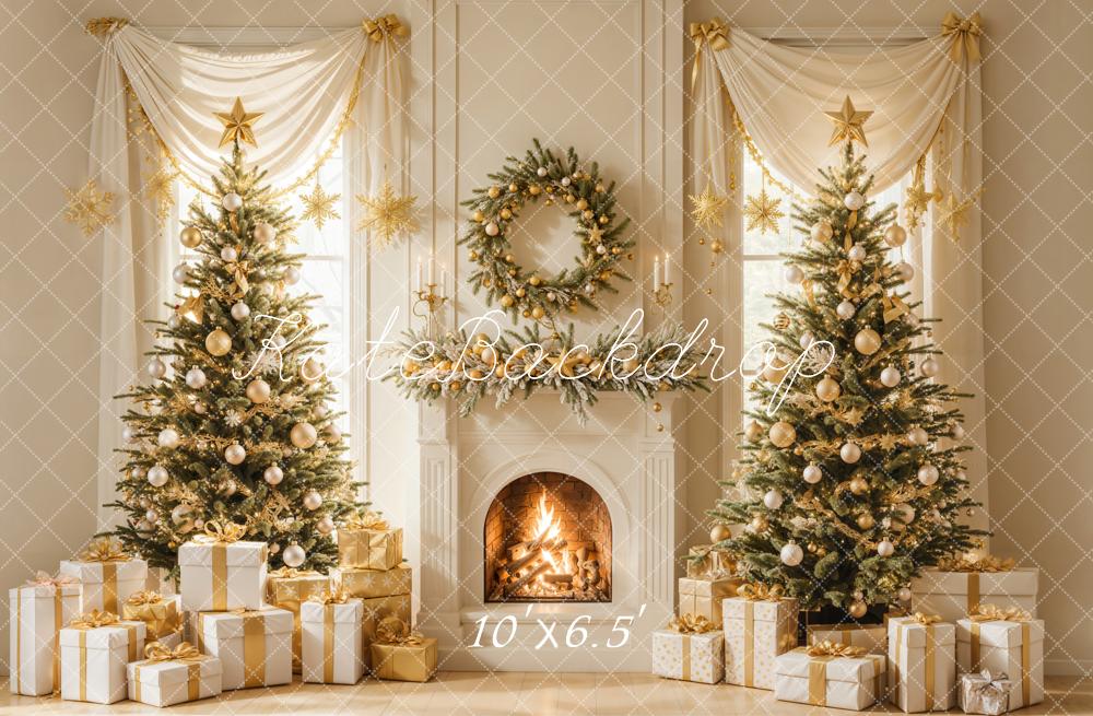 Kate Sapin de Noël Cheminée Doré Cadeaux Toile de fond conçue par Emetselch - Kate Backdrop FR