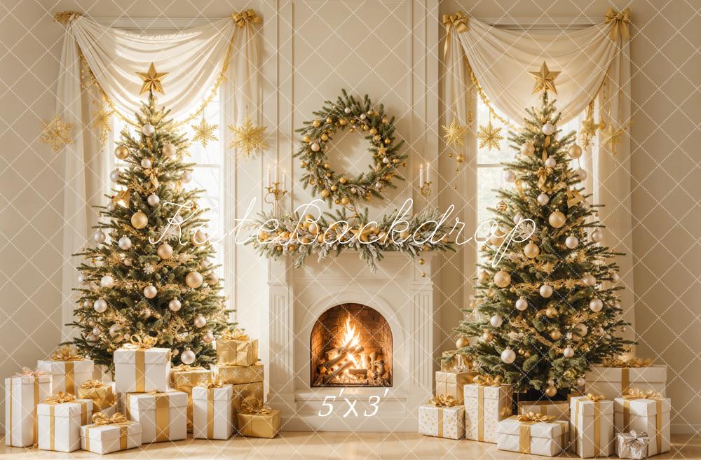 Kate Sapin de Noël Cheminée Doré Cadeaux Toile de fond conçue par Emetselch - Kate Backdrop FR
