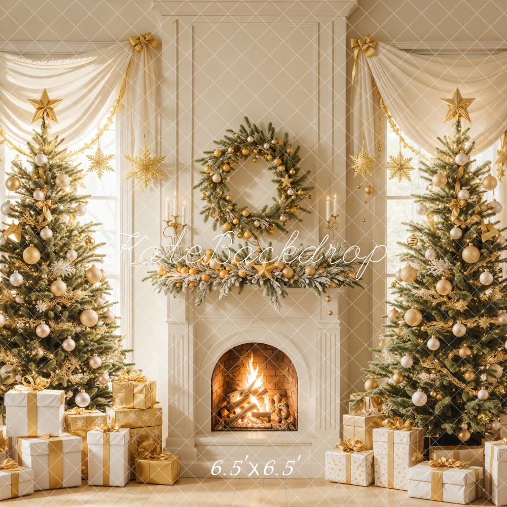 Kate Sapin de Noël Cheminée Doré Cadeaux Toile de fond conçue par Emetselch - Kate Backdrop FR