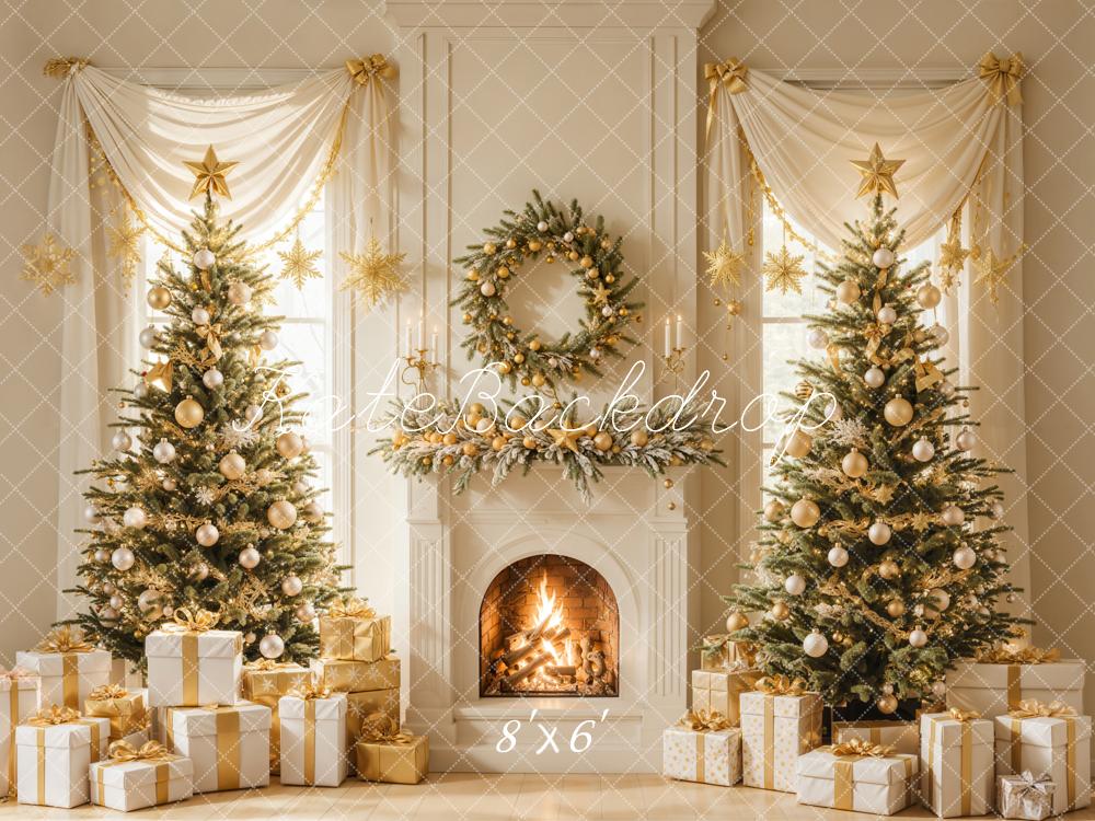 Kate Sapin de Noël Cheminée Doré Cadeaux Toile de fond conçue par Emetselch - Kate Backdrop FR